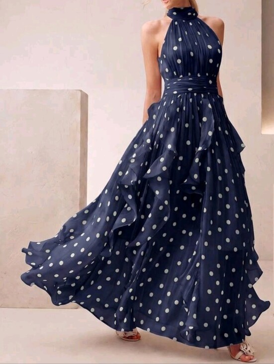 Boutique Dresses & Skirts - New Flowy Chiffon Polka Dot Ruffle Halter Maxi Dress Navy Blue White